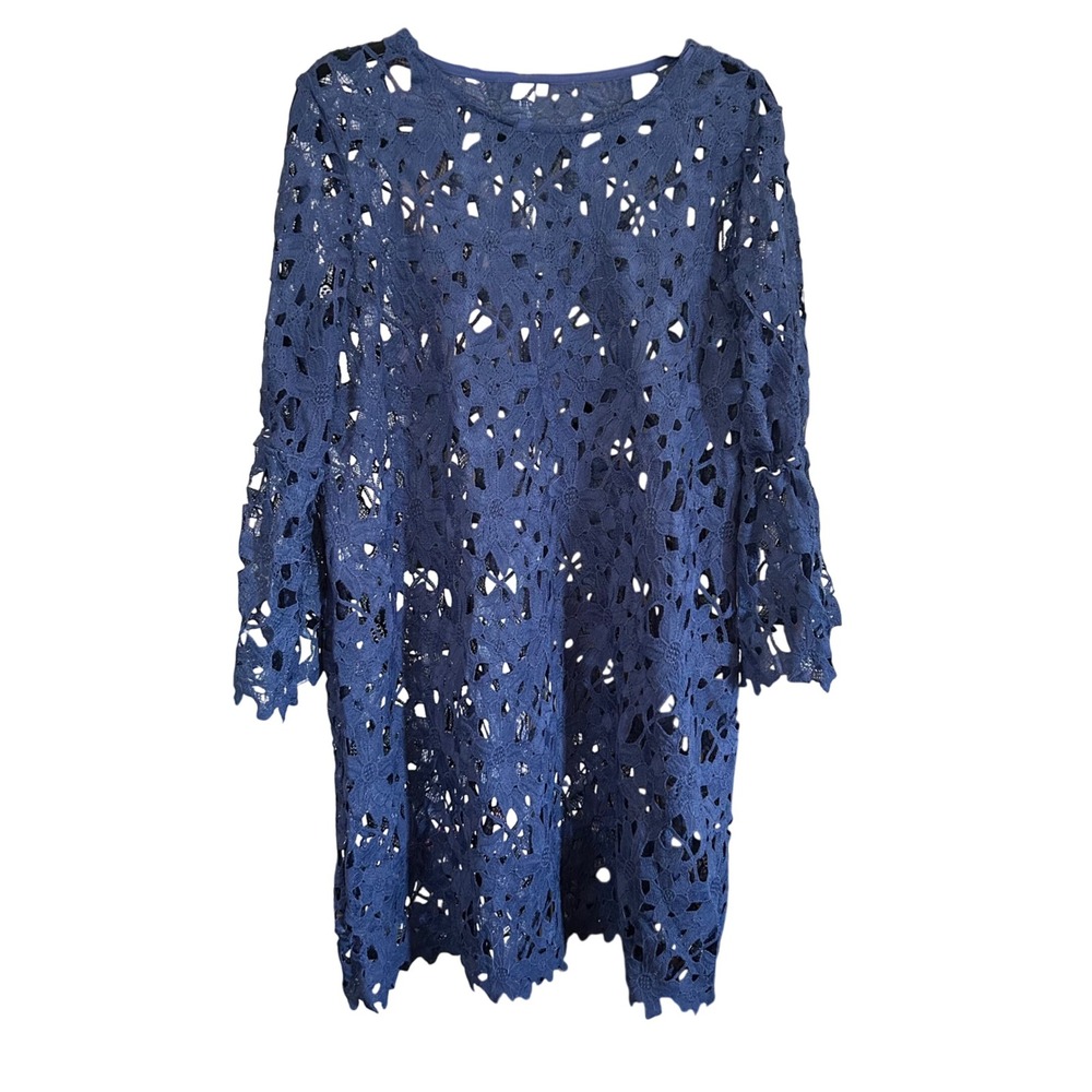 Lace‎ Mini Dress Navy Blue Floral Bell Sleeve Party Cocktail Size Large